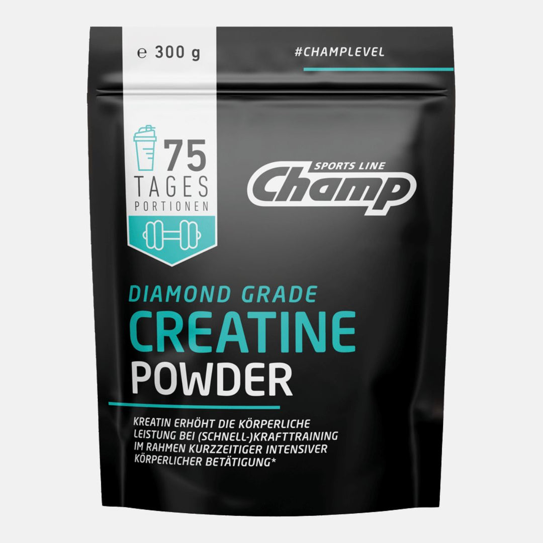 Champ Creatine Pulver in einer schwarzen 300g Verpackung mit weiß-türkiser Schrift.