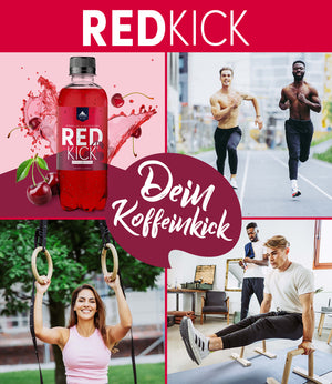 Red Kick Energy Booster als bunte Collage mit 4 quadratischen Bildern zum Produkt