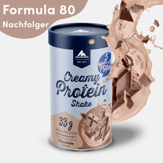 Multipower Creamy Protein Shake in der Geschmacksrichtung Rich Chocolate – 420g Dose mit braun-blauem Etikett, stehend auf hellem Untergrund.