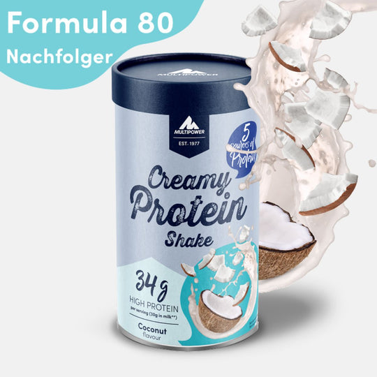 Multipower Creamy Protein Shake in der Geschmacksrichtung Coconut – 420g Dose mit weiß-blauem Etikett, stehend auf hellem Untergrund.