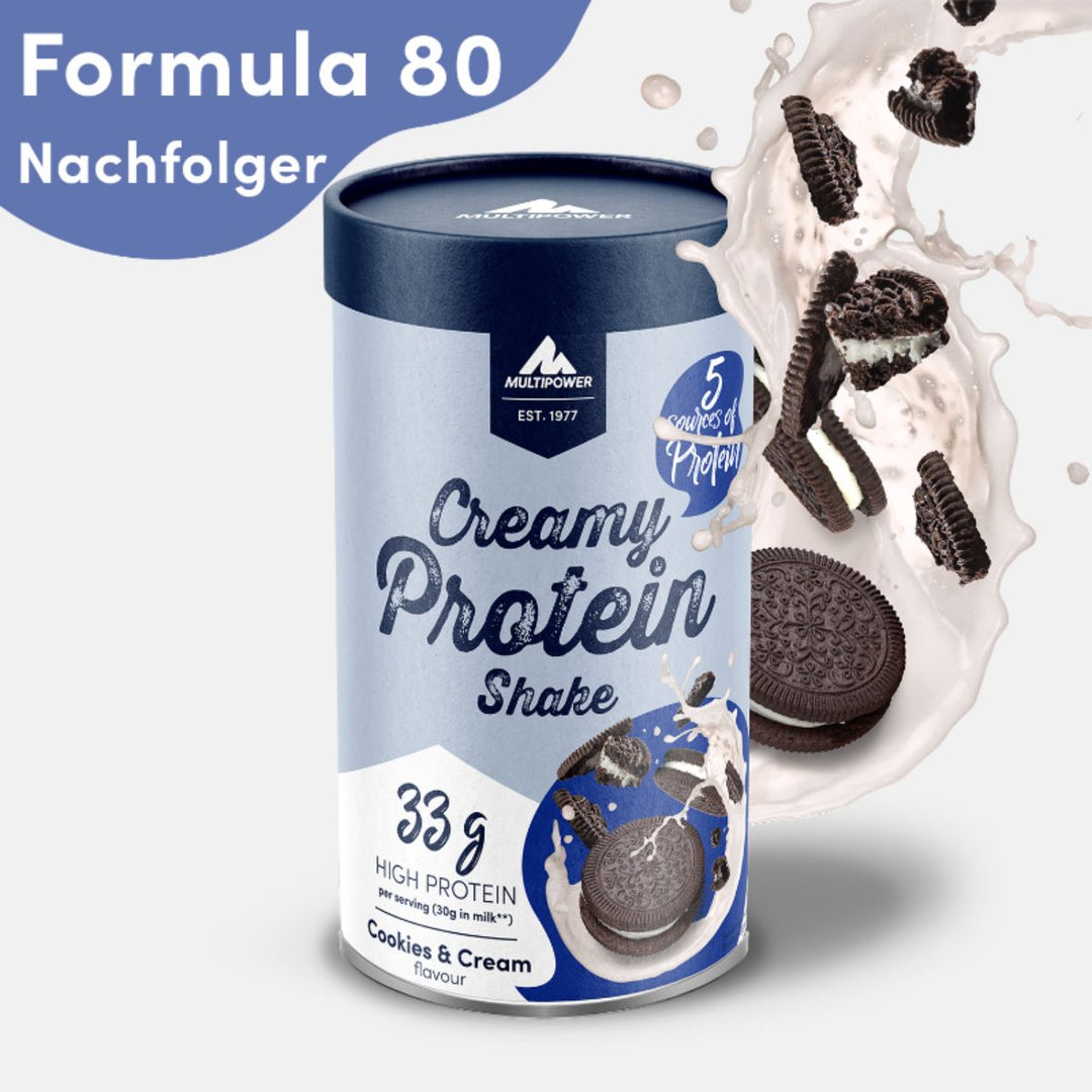 Multipower Creamy Protein Shake in der Geschmacksrichtung Cookies & Cream – 420g Dose mit cremefarbenem und blauem Etikett, stehend auf hellem Untergrund.