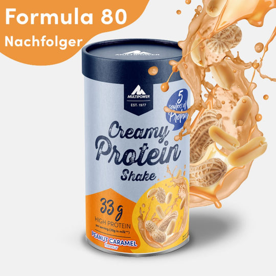 Multipower Creamy Protein Shake in der Geschmacksrichtung Peanut Caramel – 420g Dose mit karamellfarbenem und blauem Etikett, stehend auf hellem Untergrund.