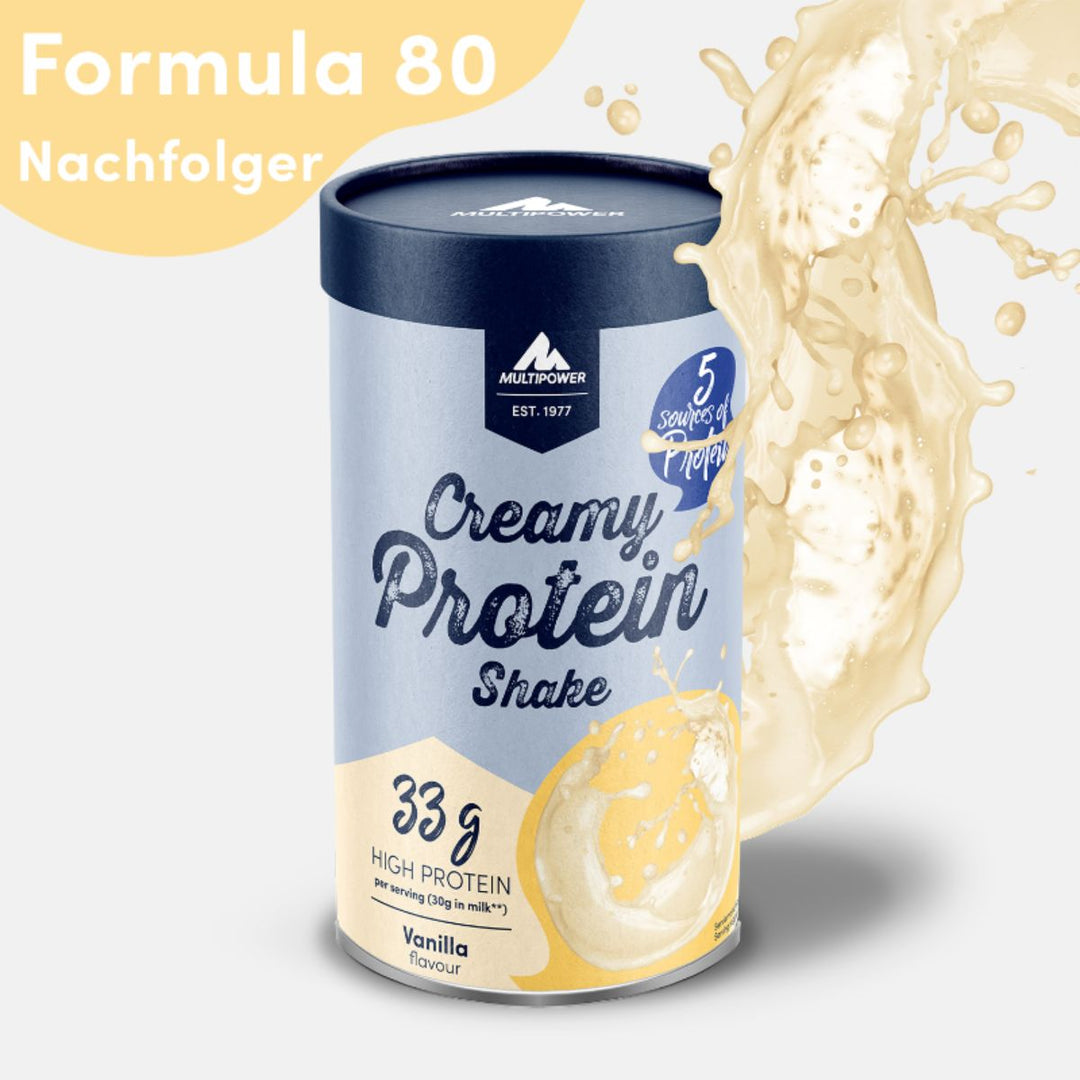 Multipower Creamy Protein Shake in der Geschmacksrichtung Vanille – 420g Dose mit gelb-blauem Etikett, stehend auf hellem Untergrund.