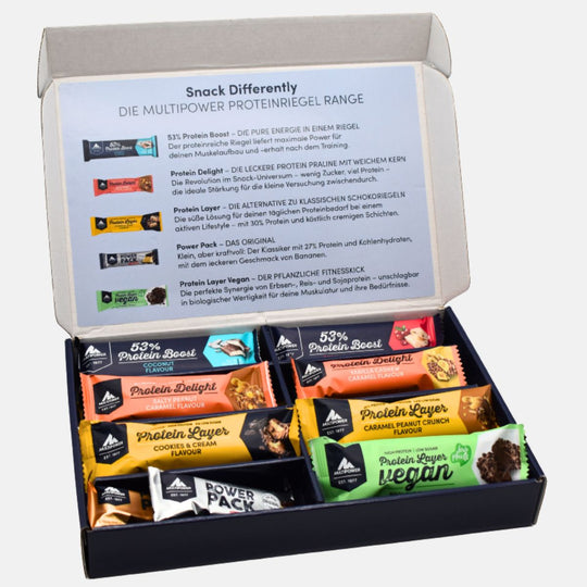 Multipower Proteinriegel Probier Mixbox mit verschiedenen Geschmacksrichtungen – ideal für Sportler und Fitnessbewusste zum Testen und Genießen hochwertiger Eiweißriegel.