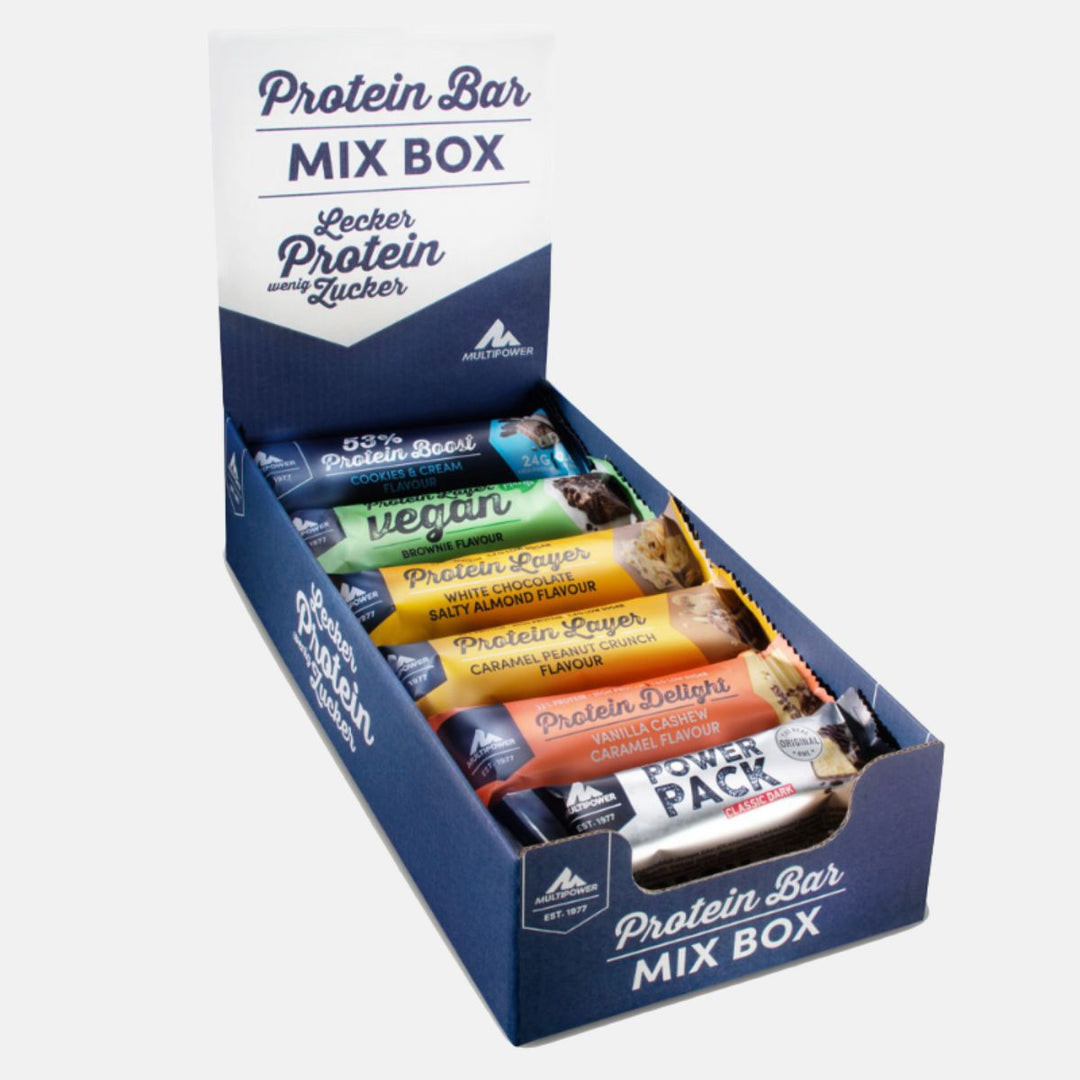 Multipower Proteinriegel Probier Mixbox mit verschiedenen Geschmacksrichtungen – ideal für Sportler und Fitnessbewusste zum Testen und Genießen hochwertiger Eiweißriegel.