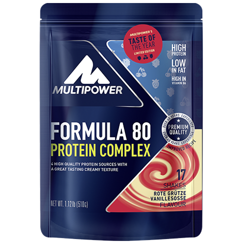 Multipower Beutel Formula 80 Mehrkomponentenprotein Rote Grütze Vanillesoße  Geschmack