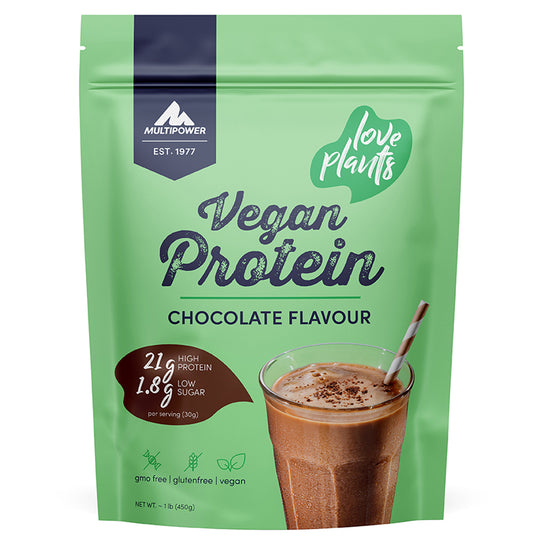 Multipower veganes Proteinpulver Schokolade Geschmack im grünen Beutel